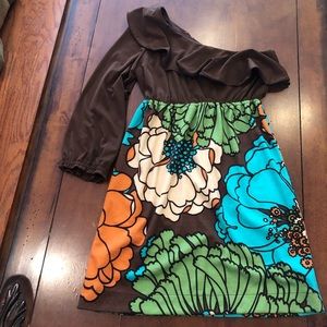 Judith March Dress Floral Brown Shoulder Ruffle